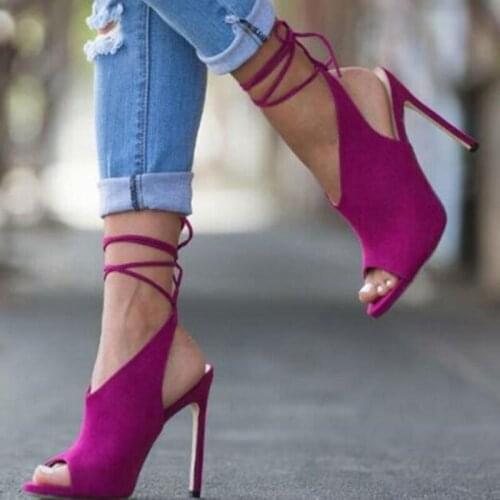 Fashion Purple Suede Ankle Wrap High Heel Shoes Peep toe Lace-up Hollow Stiletto Heel Pumps Cut-out Summer Sandals Drop Ship