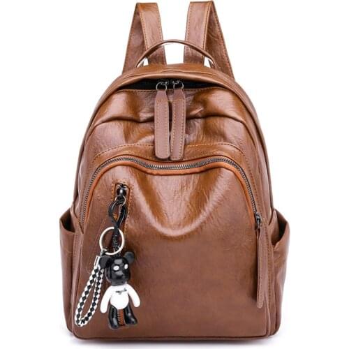 2021 Fashion Brand Design Vintage Backpacks Soft Leather Women Casual Backpack Middle Students School Bag With Cute Pendant
