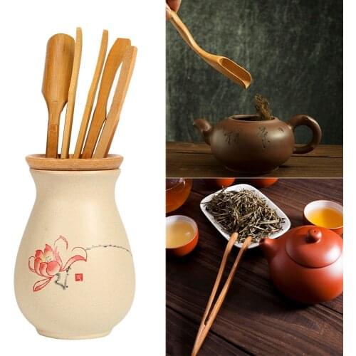 HOOMIN Tea Ceremony Utensils Set Wooden Teaware 5 pieces/set Bamboo Teaspoons Needle Tweezer Clip Strainer Tong Tube Set