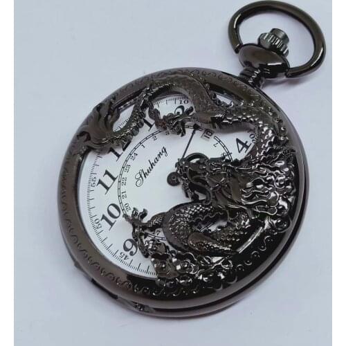 New Arrival Black Hollowed Dragon Mechanical Pocket Watch with Date Vintage Transparent Case Pocket Watch Gift Watch with Date