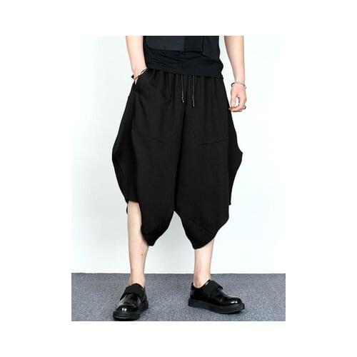 Original dark summer mens hair stylist loose cotton and linen eight-point harem pants fashion irregular casual trousers