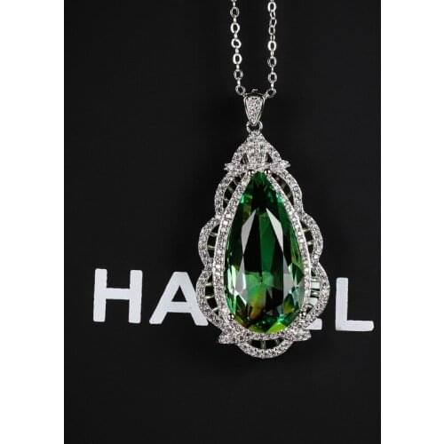 Full Diamond Imitation Natural Emerald Stone Pendant Tourmaline Gems Single Pendant White Gold Color Collar for Women Jewelry
