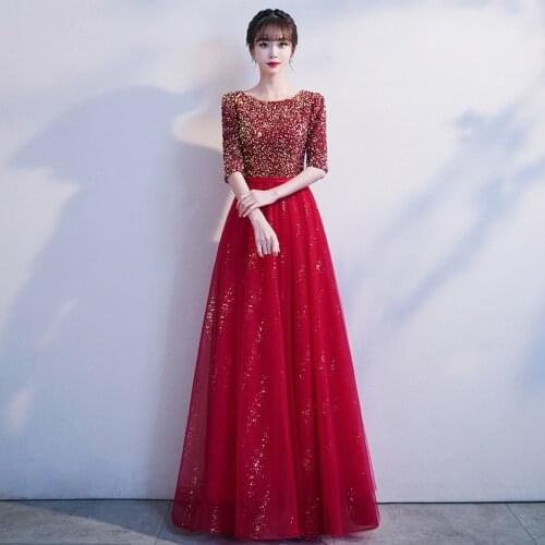 Special Occasion Dress Illusion O-Neck Half Sequined Luxury Burgundy A-Line Tulle Lace Floor-Length Elegant Women Prom Gown E864
