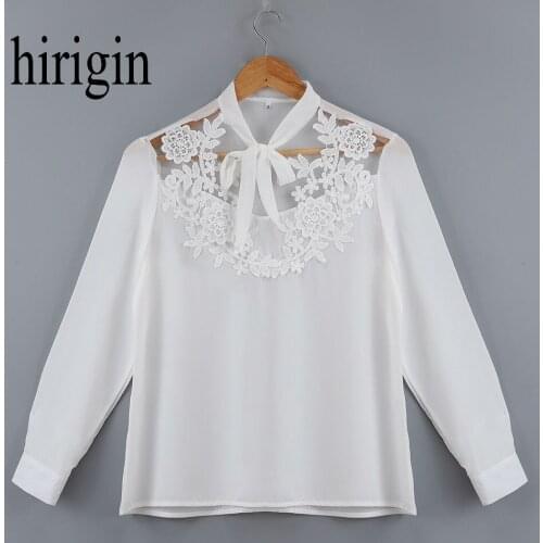 Summer 2019 New Women Blouses Slim Fomal Office Long-sleeved White Shirt Lace Flower Hollow Mesh Plus Size Whiter