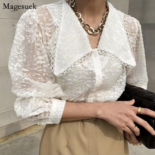 2021 Chiffon Lace Blouse Elegant Puff Sleeve Lapel White Shirt Blouse Spring Womens Long Sleeve V Neck Solid Slim Shirt 13562