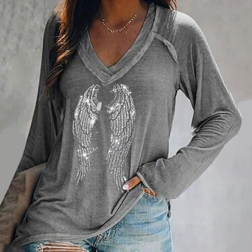 2021 Spring Fashion V Neck Cute Animal Wing Pattern Studded Oversized Sweatshirts Women Long Sleeve Tops Grey Ladies Shirts