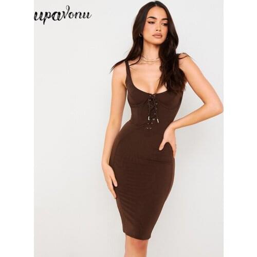 Free Shipping 2021 Summer Women Brown Dress Elegant Strap Sleeveless Lace Dress Bodycon Club Evening Party Knee-Length Vestidos