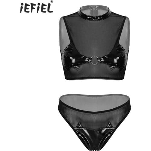 Womens Sleeveless See-through Mesh Patent Leather Lingerie Suit latex Exotic Sets Lingerie Party Rave Outfits Role Play Costume