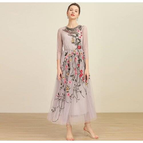 Newest HIGH QUALITY Paris Fashion 2021 Designer Dress Womens Long Sleeve Tulle Embroidery Midi Dress