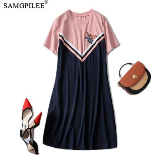 Summer Women Dresses 2021 New Korean Style Contrast Color Patch Stripe Elegant Pocket Beaded Animal Pattern Short Sleeve Dress