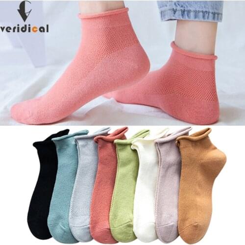 1 Pair Cotton Woman Girl No Show Socks Mesh Breathable Edge Loose Cute Candy Color Japanese Style Harajuku Ankle Diabetic Socks