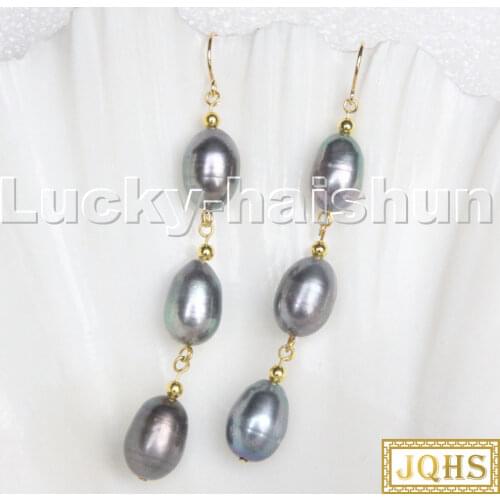 AAA 3" 14mm rice baroque peacock black pearls dangle earrings 14KT hook c129