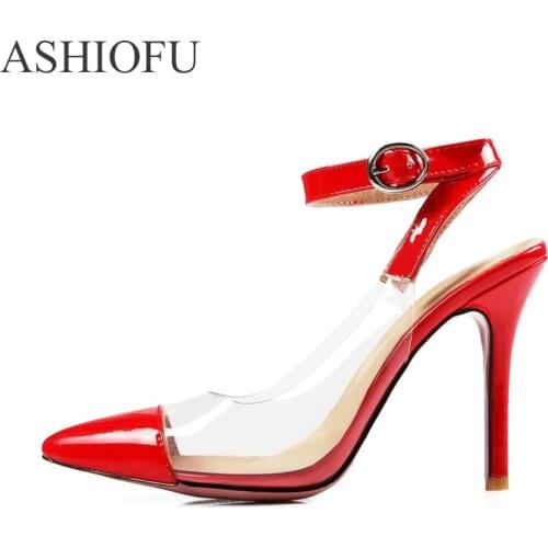 ASIHOFU 2020 New Ladies High Heel Pumps Cap-toe PVC Sexy Dress Shoes Buckle Strap Party Wedding Prom Fashion Court Shoes