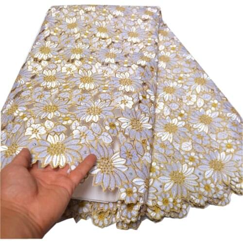 White High quality wedding lace handcut African lace Fabric with stones 5 Yards embroidered Swiss Voile Lace-N88128