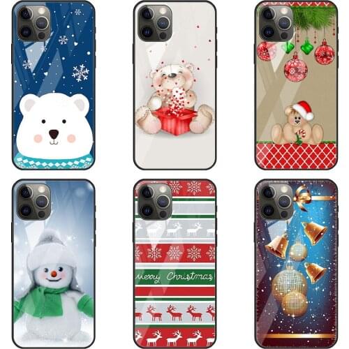 Cute Merry Christmas Snowman Tempered Glass Phone Case for iPhone 12 11 Pro 7 8 XR X XS MAX SE 6 6S Plus 11 12 Mini 5G Cover