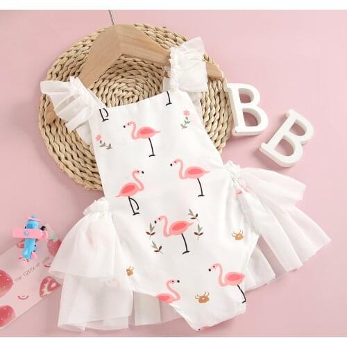 FOCUSNORM Infants Baby Girl Romper Lace Flamingo Printed Fly Sleeves Backless Belt Lovely Jumpsuits 0-24M