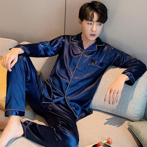Men Satin Pajamas Set Navy Blue 2PCS Shirt &Pants Pyjamas Suit Long Sleeve Couple Sleepwear Nightwear Plus Size 3XL 4XL 5XL
