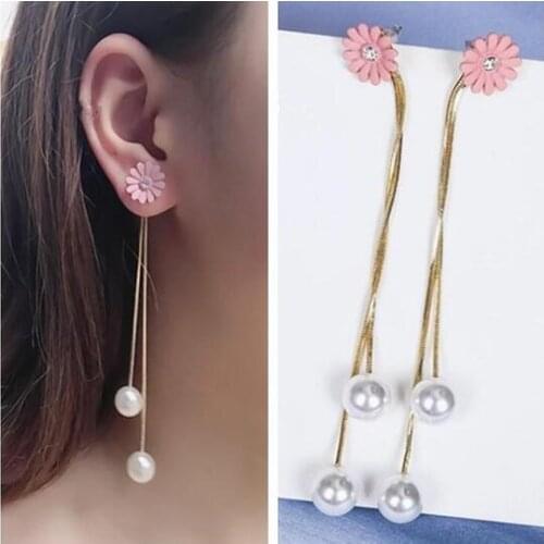 Ea177 Wedding party gift Trendy Korea long sweet flower tassel chain pearl earrings Female jewelry accessories