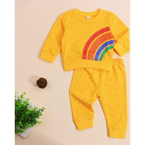 Infant Baby Girls Dot Print Clothes Set, Rainbow Print Long Sleeve O-neck T-shirt Elastic Waist Trousers 2021 New Fashion