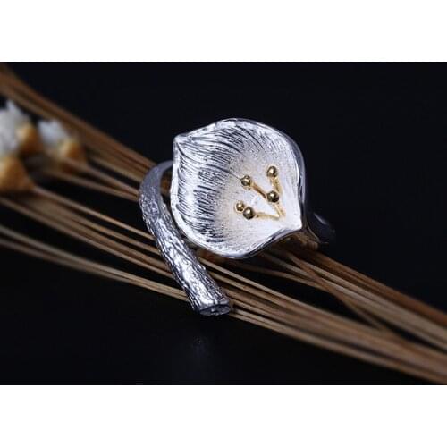 Real 925 Sterling Silver Natural Crystal Handmade Fine Jewelry Drawing Calla lily of the Valley Flower Rings For Women