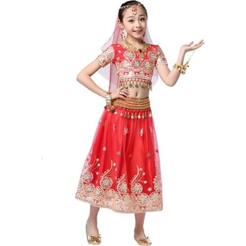New Children Belly Dance Clothes Indian Sari Outfits Hand-embroidered Bollywood Costume 5pcs Set (Top+Belt+Skirt+Veil+Headpiece)
