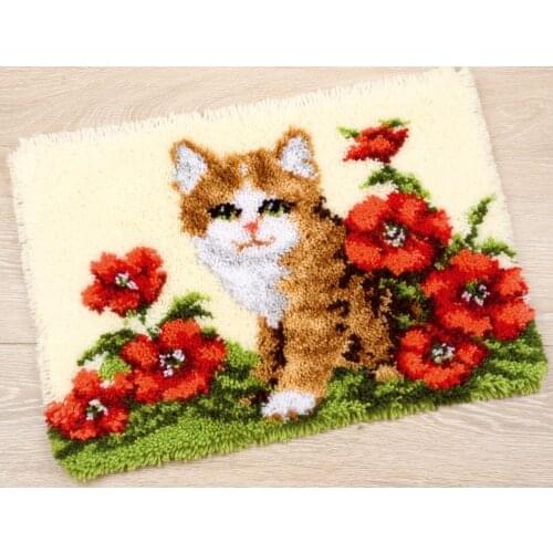 Latch Hook Rug Kits Cute kitten & flowers Pattern Crocheting Cat DIY Carpet Rug Acrylic Yarn Printed Canvas Hobby & Crafts Decor