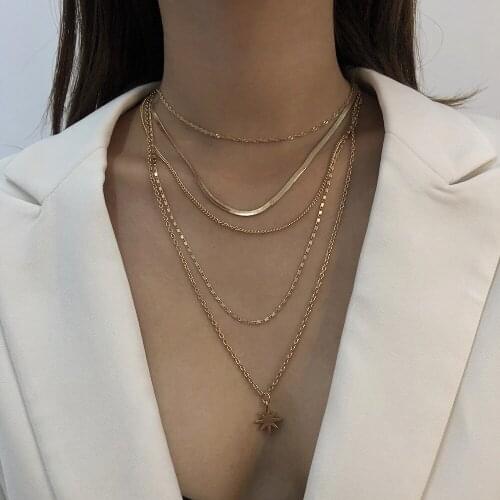 LanMiLa New 2021 Fashion Gold Metal Geometric Pendant Layered chains Clavicle Chain Necklace For Women Jewelry