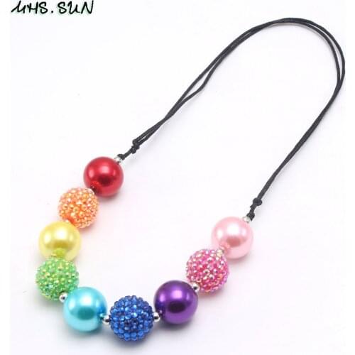 MHS.SUN Rainbow Rhinstone Beads Chunky Necklace Girls Kids Adjustable Rope Necklace Colorful Chunky Jewelry For Child 1Pcs