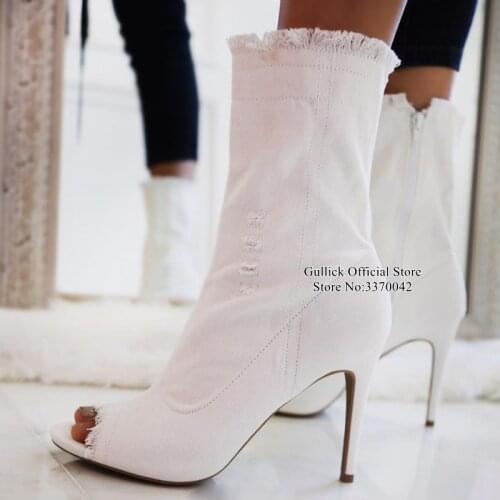 Sexy White Denim Peep Toe Ankle Boots Distressed Trim Peep Toe High Heel Booties Stiletto Heels Party Dress Shoes Drop Ship