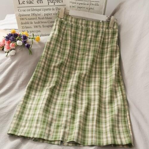 Vintage Plaid Split Long Skirts Summer Women 2021 Preppy Style Fashion Elastic High Waist A-line Midi Skirt Causal Sweet Skirt