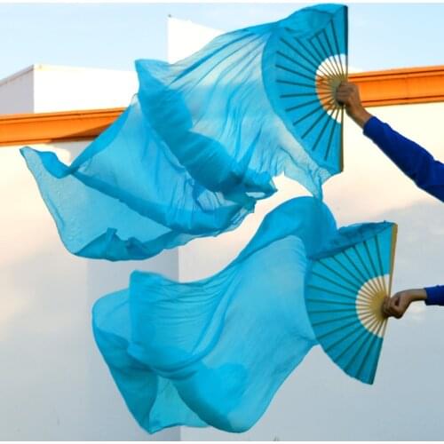 2016 High selling 100% Real Silk Veils 1 Pair handmade women Quality Silk Belly Dance Fan Dance turquoi color 180*90 cm