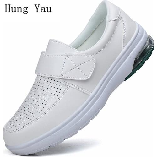 Women Flat Casual Shoes Shallow Hook & Loop Air Cushion Summer Non-Slip Soft Sole Fashion White Platform Outdoor Walking