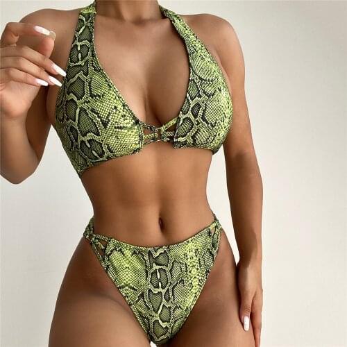 Snake Print Bikini Set Mujer 2021 Sexy Push Up Swimsuit Women Knotted Halter Swimwear Cut Out Bathing Suit Biquinis Beachwear
