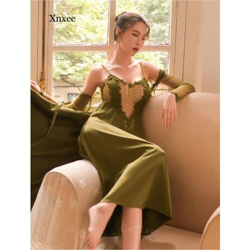 Sexy Satin Perspective Lace Splicing V Neck Backless Sling Midi Dress Womens Sleepwear Nightdress Underwear Nighttie Bodycon