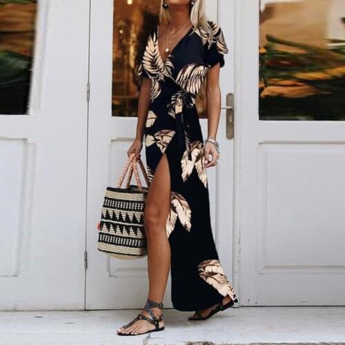 2021 New Summer Women Sexy V-Neck Wrap Lady Maxi Dress Elegant Printed High Split Long Fashion Casual Short Sleeve Beach Party