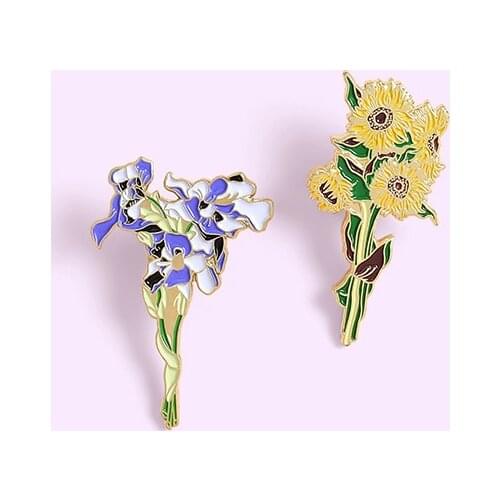 Lapel Pin Badge Van Gogh Sunflower Iris Brooch Flower Hat Pin Metal For Clothes Enamel Pins Badges For Backpack Gifts For Women