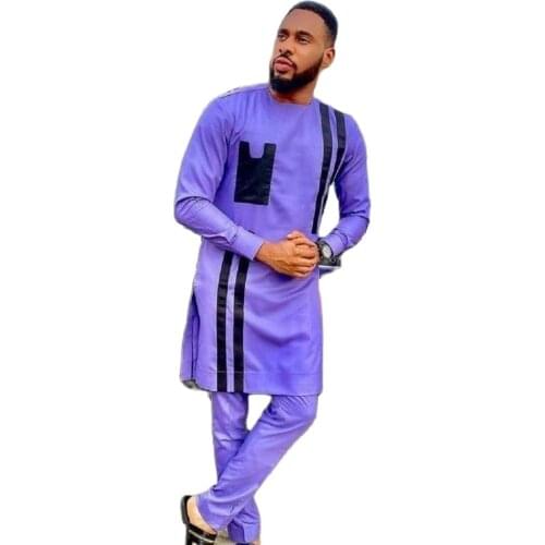 African Fashion Strip Black/Violet Patchwork Shirt+Solid Cotton Pant Sets Men Groom Suits Male Wedding Outfits Customized