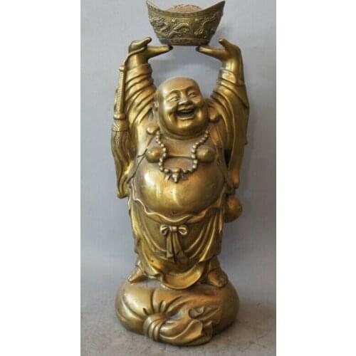 Fast shipping USPS to USA S1998 18" Chinese Buddhism Brass Wealth moneybag Happy Laugh Maitreya Buddha Statue