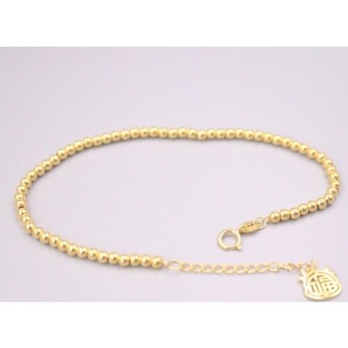 Pure 18K Yellow Gold Bracelet 2.5mm Smooth Glossy Beads Link Chain Bull Head Pendant Adjustable Bracelet Woman Gift 2.53g