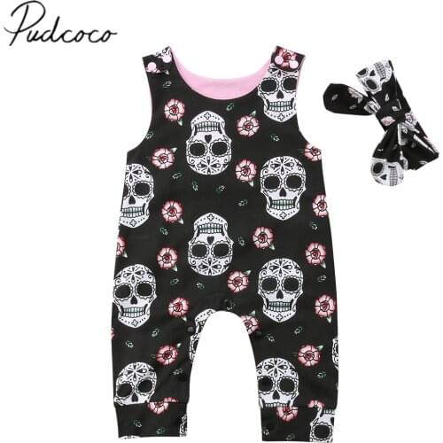 2018 Brand New Halloween Casual Infant Baby Boy Girl Skull Romper Sleeveless Pattern Black Cotton Jumpsuit Romper+Headband 0-18M