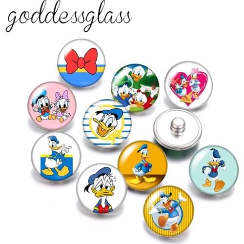 Disney Cute Donald Fauntleroy Duck Daisy 10pcs Round photo glass 18mm snap buttons for 18mm snap bracelets jewelry wholesale