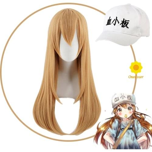Anime Cells at Work Platelet Cosplay Brown Long Wig Hat Cap Hataraku Saibou Leukocyte Heat-resistant Fiber Hair + Wig Cap Party
