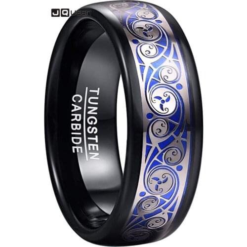JQUEEN Mens 8mm Tungsten Carbide Ring with Blue Background Triple Spiral Pattern Inlaid Tungsten Ring Comfort Fit Size 7-12