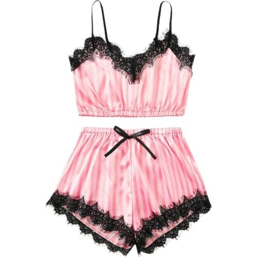 2020 Women Two Piece Lingerie Set Fashion Stripe or Lace Camisole and Bow Elastic High Waist Shorts Sexy Ladies Nightwear