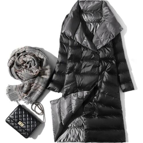 Women Double Sided Down Long Jacket Winter 90% White Duck Down Coat Single Breasted Casual Long Warm Parkas Snow Outwear M358