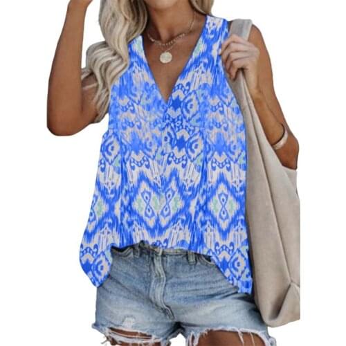 Summer Print Sexy Sleeveless Tank Top Women Clothes T Shirt Casual Loose Retro V-neck Pullover Tops Vest Tee Shirt Femme