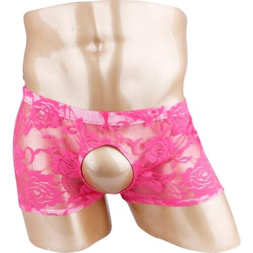 Men Sissy See Through Strechy Boxer Panties Briefs Lingerie Sheer Lace Open Butt Crotchless Shorts Gay Hollow Out Underwear