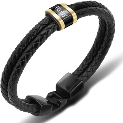 Personalized Braided Leather Bracelets Custom Beads Engraved Family Name Bracelets Men Stainless Steel Jewelry