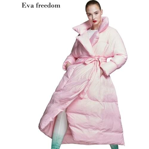 Eva freedom winter down jacket womens fashion long thicken warm big quilt down coat with belt large size down jacket women