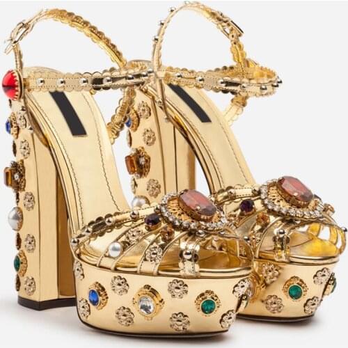 Real photos woman Court luxury colorful diamonds beading high platform chunky heel sandal rhinestones woman platform sandal gold